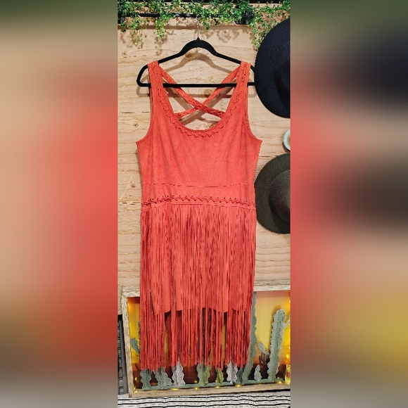 ✨Maranda Lambert Idyllwind Country Mannor Faux Suede Fringe Mini Dress Rust ✨ - Picture 4 of 8